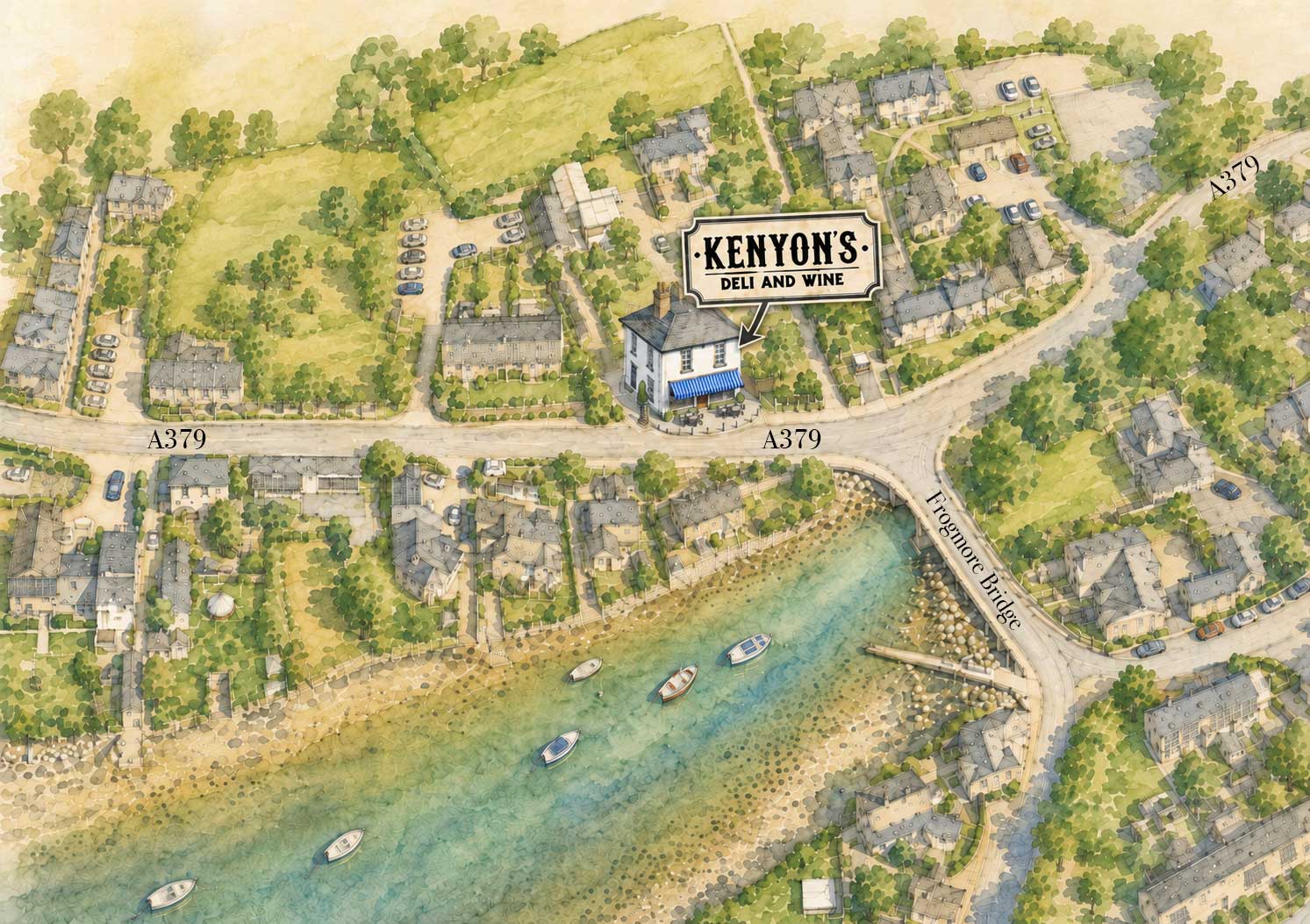 An illustrated map of Frogmore with Kenyon's Deli and Wine sign pointing at its location.